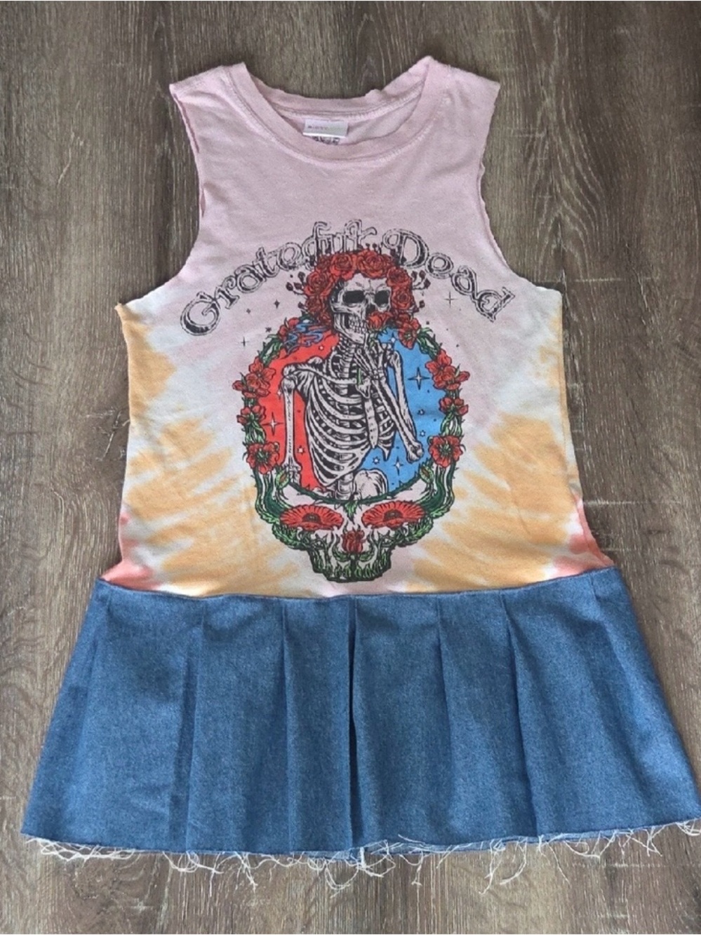 1 Of 1 Upcycled Grateful Dead Sleeveless Tie Dye with Denim Pleat Ruffles xs